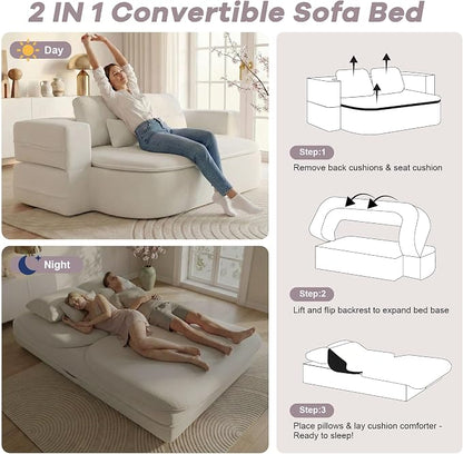 75" Boneless Couch Bed,Fold Up Sleeper Sofa for Adults, Memory Foam Floor Couch with 4 Pillows & Blanket, No Assembly Foldable Guest Bed for Apartment,Living Room