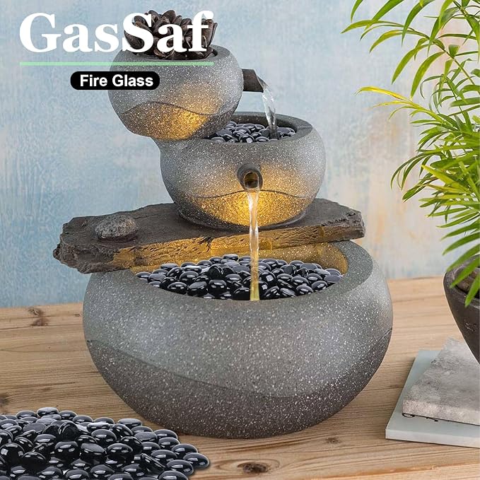 GasSaf Blue Fire Glass Beads for Outdoor Fire Pit, Fireplace, Replaces Existing Gas Logs & Lava Rocks, 3/4 Inch Glass(10 Pound)(Onyx Black)