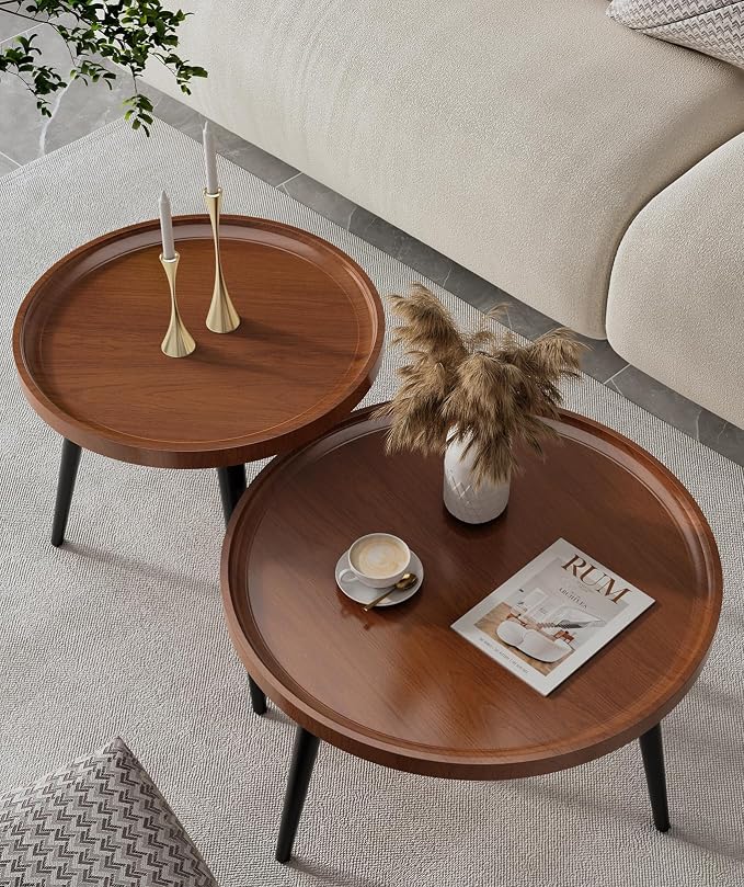 2-Piece Walnut Coffee Table,Durable Mid Century Small Round Coffee Tables for Living Room,Easy Assembly Modern Nesting Coffee Tables Set,Circle Side Tables for Sofa Bedside Balcony