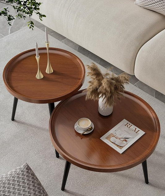 2-Piece Walnut Coffee Table,Durable Mid Century Small Round Coffee Tables for Living Room,Easy Assembly Modern Nesting Coffee Tables Set,Circle Side Tables for Sofa Bedside Balcony