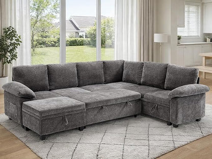 108" Modular Sectional Sofa Bed with Storage, L Shaped Pull Out Couch, Removable Chenille Sofa Cover for Living Room (Grey, 7 Seat)