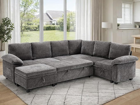 108" Modular Sectional Sofa Bed with Storage, L Shaped Pull Out Couch, Removable Chenille Sofa Cover for Living Room (Grey, 7 Seat)