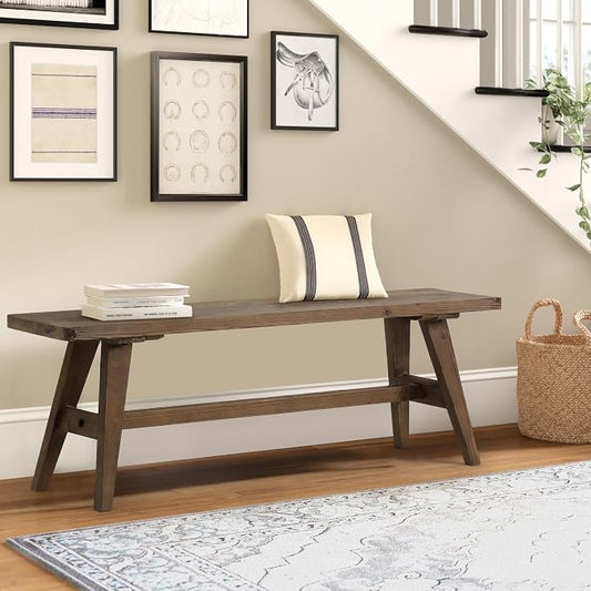 Wnutrees 47" Farmhouse Wood Bench, Solid Wood Entryway Bench for Dining Room End of Bed, Easy to Assemble, Brown