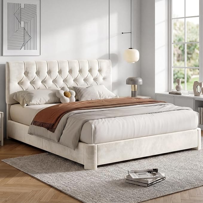 Queen Size Bed Frame with Headboard, Luxury Velvet Fabric Upholstered Bed frame with Button Tufted Design, Strong Wooden Slats Support - Low & Sturdy, Noise-Free, No Box Spring, Easy Assembly, Beige | Plush velvet
