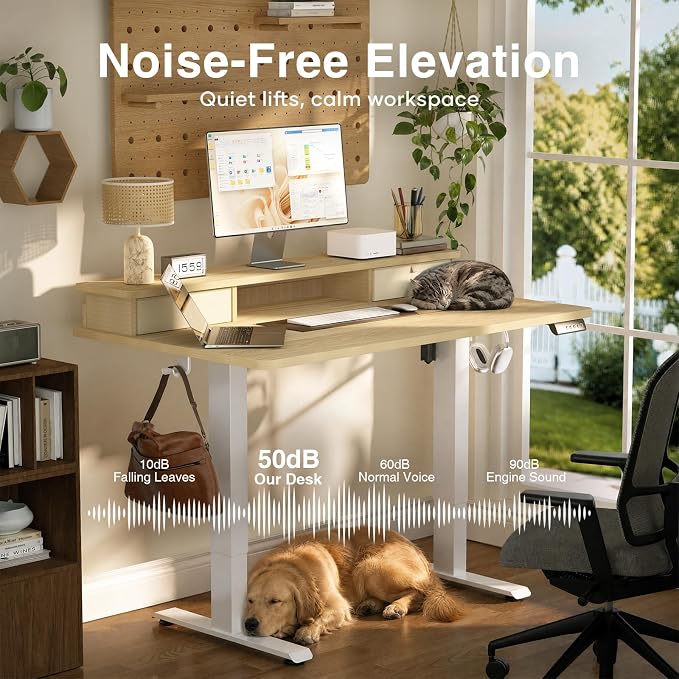 Veken 47x28 in Electric Standing Desk with Drawers, Adjustable Table, Wood | Stand up Computer Desk for Home Office, Work & Study, with Storage, 3 Memory Presets, Cable Organizer, Hook, and Quiet Lift.