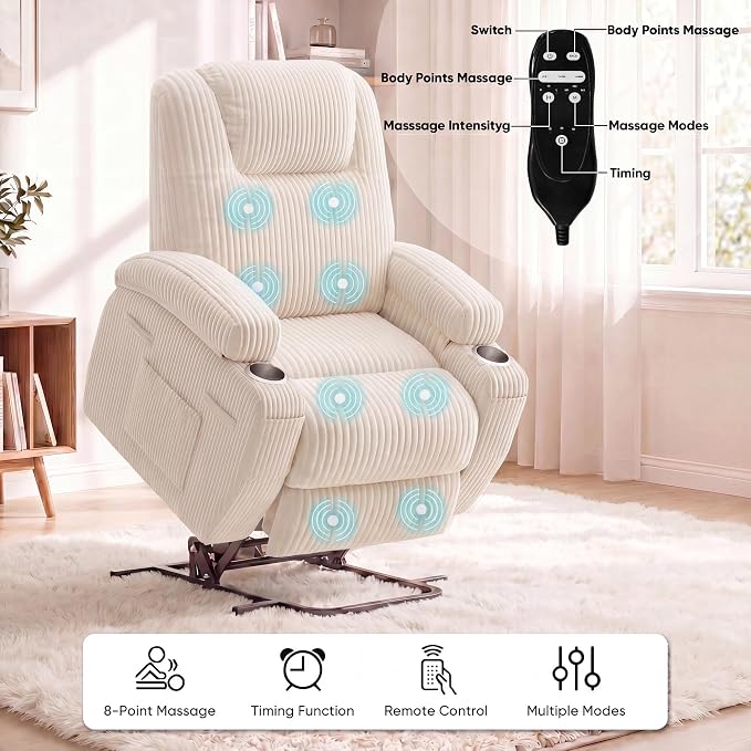 Flamaker Power Lift Chair Massage Recliner Chairs for Elderly, Corduroy Ergonomic Design with Cup Holders & Side Pockets, Remote Control (White)