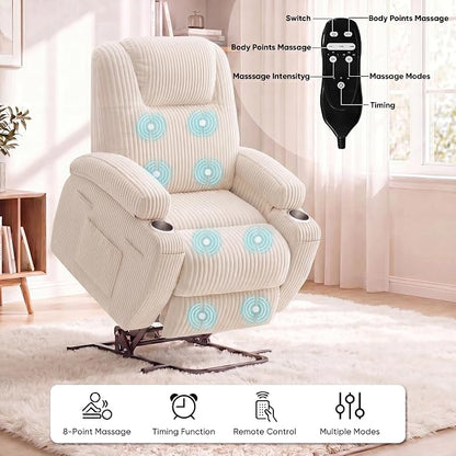 Flamaker Power Lift Chair Massage Recliner Chairs for Elderly, Corduroy Ergonomic Design with Cup Holders & Side Pockets, Remote Control (White)