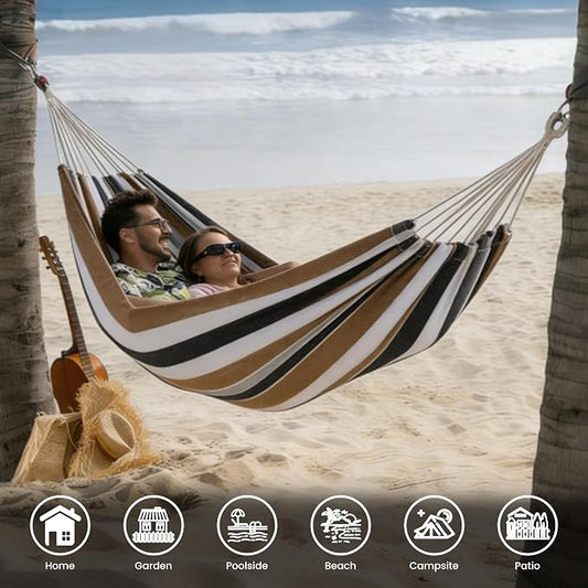 Lazy Daze Hammocks Double Brazilian Cotton Hammock, Extra Large Portable Outdoor Camping Hammock with Tree Straps & Travel Bag for Backyard Patio Poolside Indoor, 550lbs Capacity, Brown & White