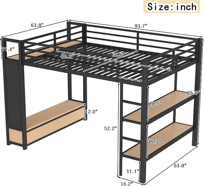 Bellemave Queen Size loft Bed with Wardrobe and Storage Shelves and Pegboard Drawers, Metal Queen Loft Bed Frame for Adults, Kids, Teens, Black