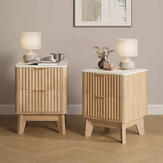 Fluted Nightstand Set of 2,Modern End Table with Faux Marble Top,2 Storage Drawers Side Table,Bedside Table for Bedroom, Living Room,Curved Profile Design Furniture,Natural Oak