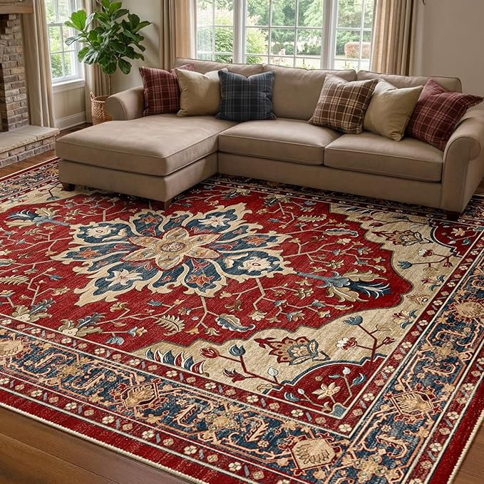 RELEANY Area Rugs 7'x9' Washable Non-Slip, Floral Vintage Distress Medallion Carpet for Living Room Bedroom Dining Room, Red Blue