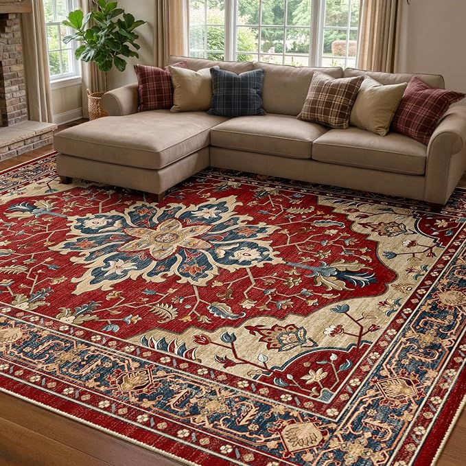 RELEANY Area Rugs 7'x10' Washable Non-Slip, Floral Vintage Distress Medallion Carpet for Living Room Bedroom Dining Room, Red Blue