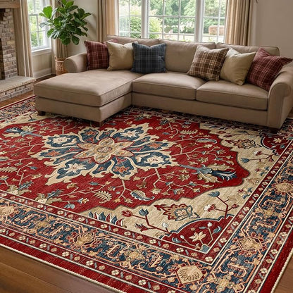 RELEANY Area Rugs 7'x10' Washable Non-Slip, Floral Vintage Distress Medallion Carpet for Living Room Bedroom Dining Room, Red Blue