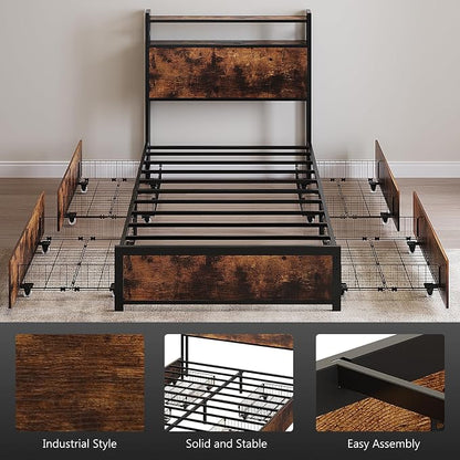 VINGLI Bed Frame Twin Size with 4 Storage Drawers and Storage Headboard, Metal Platform with Charging Station and LED Lights, No Box Spring Needed, Easy Assembly, Vintage Brown