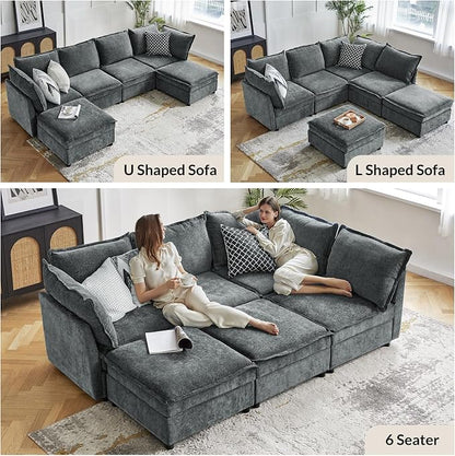 HULALA HOME Oversized Modular Sectional Sofa, 8 Seat U Shaped Couch with Storage Ottoman, Comfy Chenille Sofa with Deep Seat, Convertible Sectional Couches for Living Room, Grey