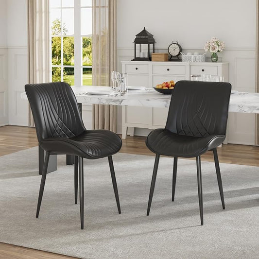 VECELO Dining Chairs Set of 2, Modern Upholstered Faux Leather Cushion Seat and Metal Legs for Kitchen, Living Room, Black