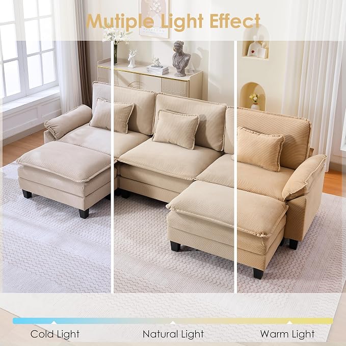 122" Corduroy Modular Sectional Sofa, Convertible U Shaped Modular Sofa Comfy Cloud Couch with Ottoman, Side Pockets and 3 Throw Pillows for Living Room, Kahki, 5 Seats