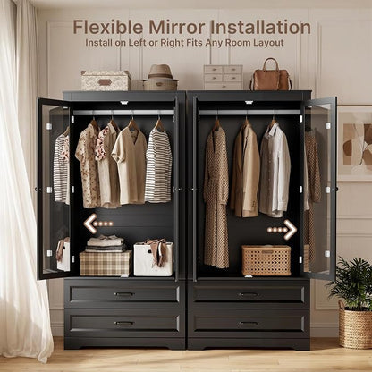 Gizoon Wood Wardrobe Closet with Full Length Mirror, Wooden Armoire with Hanging Rod & 2 Drawers, Bedroom Clothing Storage Cabinet, Anti-tip, Mirror Can Be Installed on Left/Right Door Freely, Black