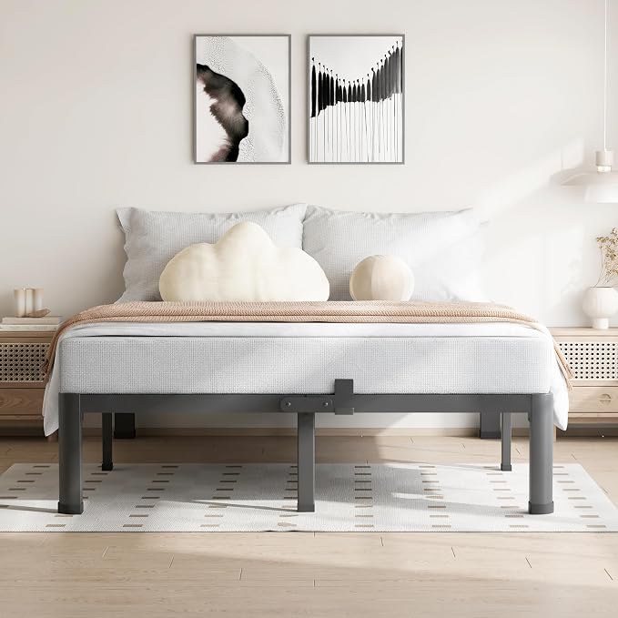 VIPSHOW 10 Inch Queen Bed Frame, 3500Lbs Heavy Duty Metal Platform with Round Corner Legs Mattress Slide Stopper, Steel Slat Support No Box Spring Needed, Noise Free, Non-Slip, Easy Assembly