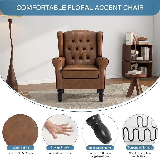 High Back Accent Chair, PU Leather Upholstered Armchair Wingback Chair for Living Room, Comfy Single Sofa Bedroom Reading Seat with Solid Wood Legs, Brown