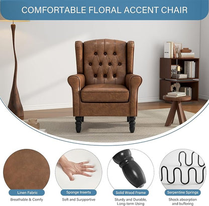 High Back Accent Chair, PU Leather Upholstered Armchair Wingback Chair for Living Room, Comfy Single Sofa Bedroom Reading Seat with Solid Wood Legs, Brown
