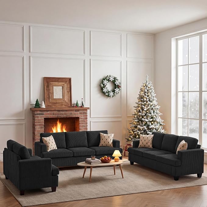 Apicizon Modern Loveseat & 3-Seater Sofa Set of 3, Corduroy Couch 3 Piece Sofa Set for Living Room, Modern Lounge Sofa Couches for Apartment Lounge, Black Corduroy