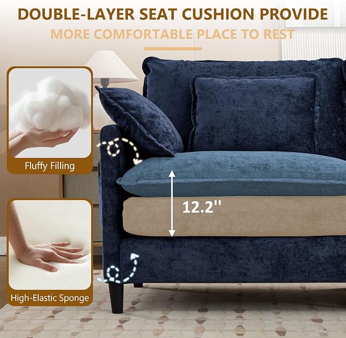 113" Chenille Modular Sectional Sofa, Convertible L Shaped Modular Sofa Comfy Cloud Couch with Ottoman, Side Pockets and 5 Throw Pillows for Living Room (Blue, 75.3" - 3 Seats)