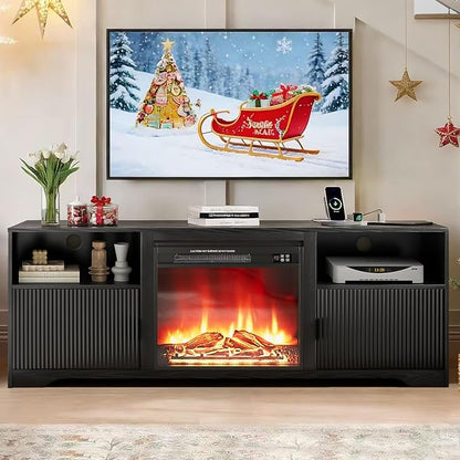 Mxtxmy Fireplace TV Stand for Television up to 80 Inch,Entertainment Center with Adjustable Shelf,Mid-Century Modern Fluted TV Stand with 23" Electric Fireplace,Media Console for Living Room,Bedroom