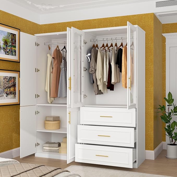 Timechee Almirah for Clothes Combination, White Wardrobe Closet Bedroom Storage Cabinets with Tempered Glass Doors and Shelves, Armoire with Drawers, Large Standing Wardrobe Storage Closet for Bedroom