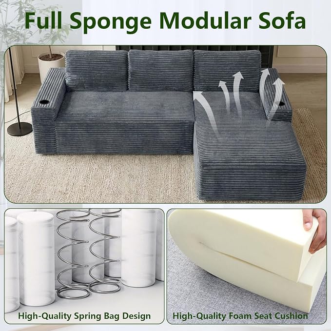 104.3" Modular Sectional Sofa,Modern Corduroy Cloud Couch with Cup Holder & Side Pockets,Boneless Couch Upholstered 4-Seater L-Shaped Sofa for Living Room,No Assembly (Dark Grey, Right-Facing Chaise)