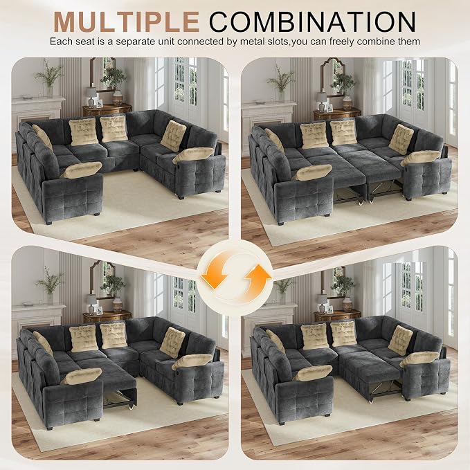 Hanherry Sectional Couch with Pull Out Sofa Bed,Chenille Sleeper Sofa with 2 Seat Storage & USB Charging,Comfy L Shaped Modular Couches for Living Room,Apartment