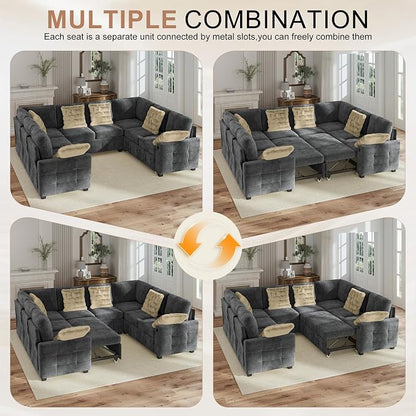 Hanherry Sectional Couch with Pull Out Sofa Bed,Chenille Sleeper Sofa with 2 Seat Storage & USB Charging,Comfy L Shaped Modular Couches for Living Room,Apartment