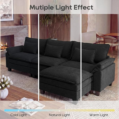 URRED Oversized Modular Sectional Sofa, 122" L Shaped Modern Comfy Cloud Couch with Movable Ottoman & Pillows, Deep Seat Couches for Living Room, Bedroom or Apartment (Corduroy Black, 122" L Shaped)