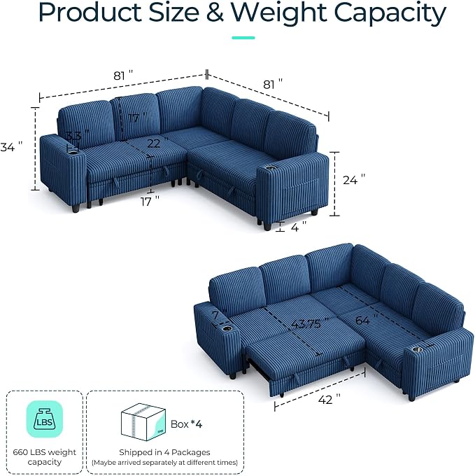 LINSY HOME Pull Out Sofa Bed Sectional Sleeper Sofa with Storage, Plush Corduroy Pullout Modular Sectional Couches for Living Room, L Shaped Convertible Couch Bed for Apartment (Blue)