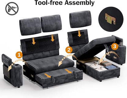 WEUP 86" Modular Sectional Sleeper Sofa with Pull Out Bed, 3 Seat Plush Corduroy L Shaped Couch with USB Ports|Cup Holders|Side Table|Storage Chaise Armrests, Tool Free Assembly, Grey