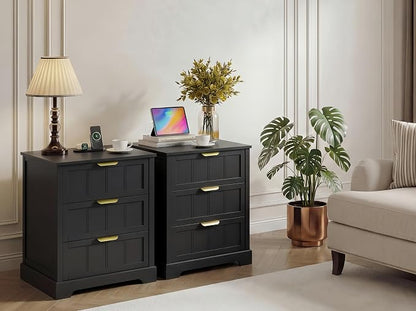 ChooChoo Black Nightstand Set of 2, 3 Drawer Night Stand with Charging Station, Larger Bedside Table with USB-C Port, Modern End Table with Storage for Bedroom