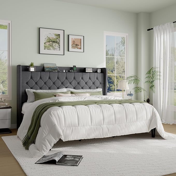 SHA CERLIN King Size Platform Bed Frame with Charging Station, Linen Wingback Headboard with Storage Shelf, Wooden Slats Support, Ample Under-Bed Space, No Box Spring Needed, Easy Assembly, Dark Grey