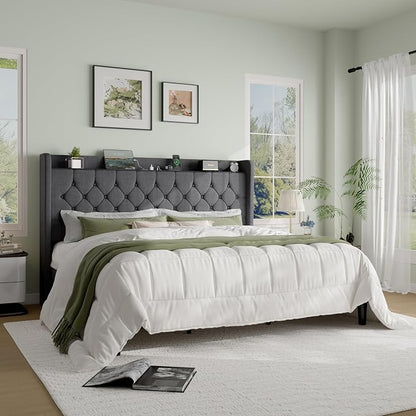 SHA CERLIN King Size Platform Bed Frame with Charging Station, Linen Wingback Headboard with Storage Shelf, Wooden Slats Support, Ample Under-Bed Space, No Box Spring Needed, Easy Assembly, Dark Grey