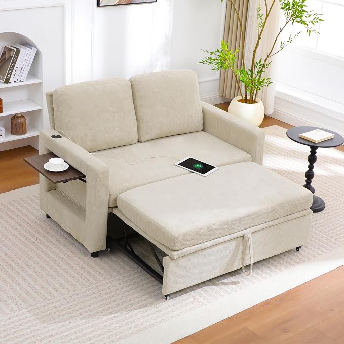 3 in 1 Folding Convertible Sleeper Sofa Bed Pull Out Couch with USB Port Side Pockets Side Table Loveseat Sofa Bed with Adjustable Backrest for Living Room Bedroom Office 66" Lightbrown 2 SEAT