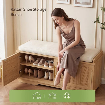 Heybly Shoe Cabinet with Bench, Rattan Entryway Storage Bench with Cushion, Shoe Storage Bench Cabinet with 2 Doors, Adjustable Shelves, Wooden Shoe Bench 39.4" for Living Room Bedroom Hallway HSB002N