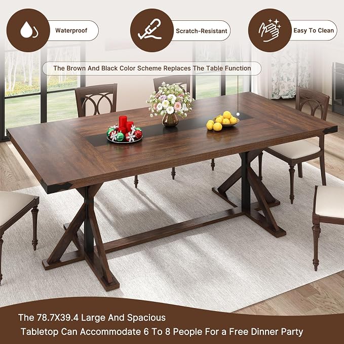 Hlivelood 78 Inch Dining Table for 8 People, Rectangular Kitchen Farmhouse Table W/Thickness Waterproof Wood Tabletop,Long Dining Room Tables W/Wood Strip Base for Kitchen Living Room(78IN Brown)
