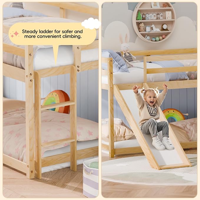 Bunk Bed with Slide, Wooden Bed Frame for Kids, Low Loft Bunk Bed Twin Over Twin with Ladders, Safety Guardrails for Kids, Toddlers, Boys, Girls, Teens, Bedroom (Natural)