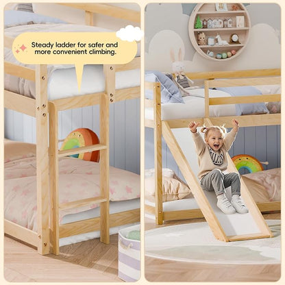 Bunk Bed with Slide, Wooden Bed Frame for Kids, Low Loft Bunk Bed Twin Over Twin with Ladders, Safety Guardrails for Kids, Toddlers, Boys, Girls, Teens, Bedroom (Natural)
