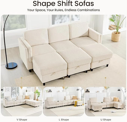 KKL 6 Seaters Sofa Bed for Living Room - Sofa Couch with Storage Ottoman, Convertible L/U-Shaped Sleeper Couch for Living Room, Modern Reversible Design, Beige