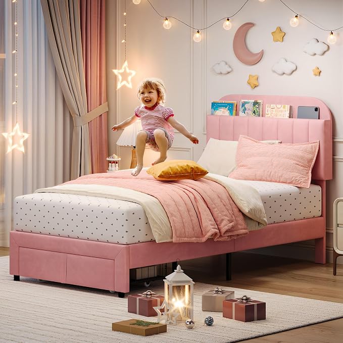 IDEALHOUSE Twin Bed Frame for Kids, Upholstered Platform Bed with Large Storage Drawer and Bookcase Headboard, Girls Bed, Noise-Free, Easy Assembly, No Box Spring Needed, Light Pink