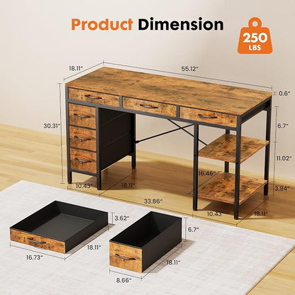 Sweetcrispy 55" Computer Desk with 6 Drawers, Home Office Gaming Desks with Storage Shelves for Bedroom, Writing Study Corner Living Room Work Table, Brown