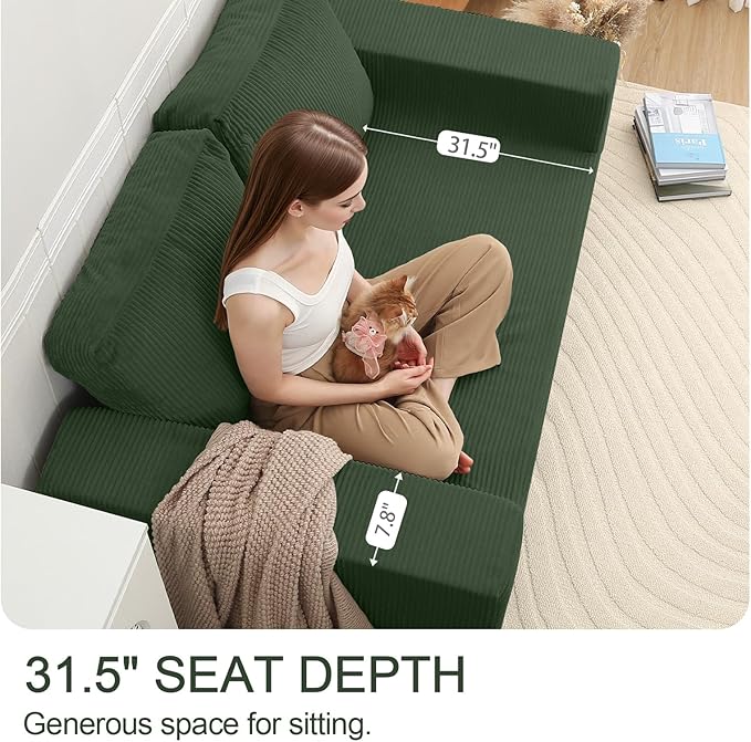 COMAX Futon Sofa Bed, Convertible Sofa Bed, Folding Boneless Couches | Boneless Couch for living room, 4‑in‑1 Fold Out Small Foldable Loveseat Floor Sleeper Mattress Lounge Space‑Saving, Green