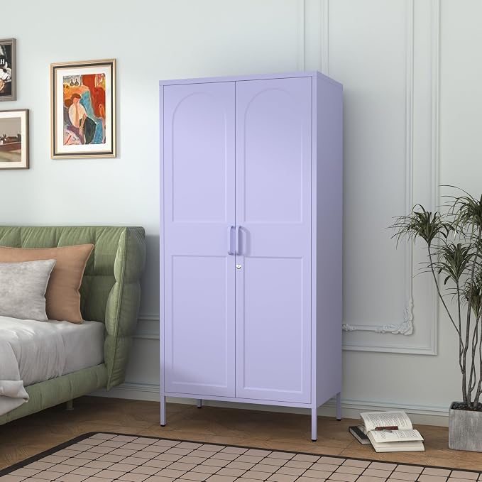 67 Inch Lockable Lavender Purple Metal Storage Wardrobe, French Retro Arched Door Steel Closet with Hanging Rod & Adjustable Shelves for Bedroom Office Size：67" H x 31.5" W x 18.1" D