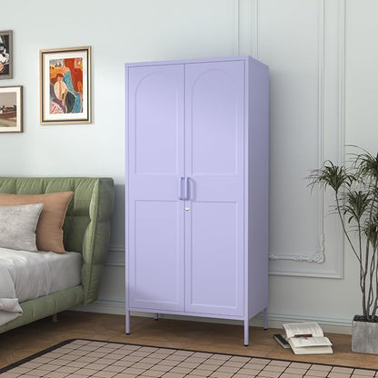 67 Inch Lockable Lavender Purple Metal Storage Wardrobe, French Retro Arched Door Steel Closet with Hanging Rod & Adjustable Shelves for Bedroom Office Size：67" H x 31.5" W x 18.1" D