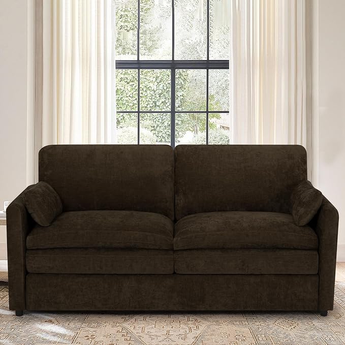 69” Chenille Loveseat Sofa w/Arm Pillows, Upholstered 2-Seater Sofa w/Comfortable Back Cushions, Modern 2 Seats Couch w/High-Density Foam for Living Room, Apartment, Office, Brown